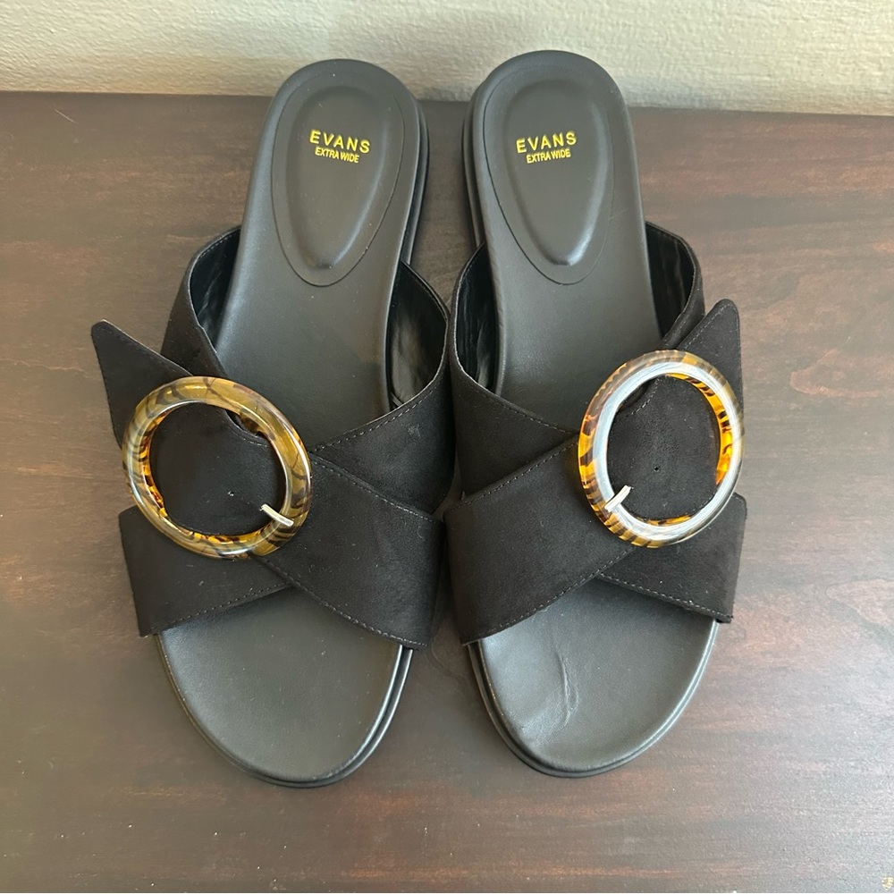 Evans Black  Extra Wide Slide Open Toe Faux Suede Buckle Sandals Size 11 - Picture 4 of 11